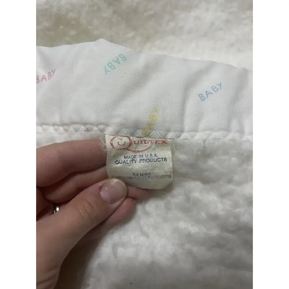 Quiltex White Baby Blanket Appliqué Satin Trim Vintage Receiving Acrylic Unisex